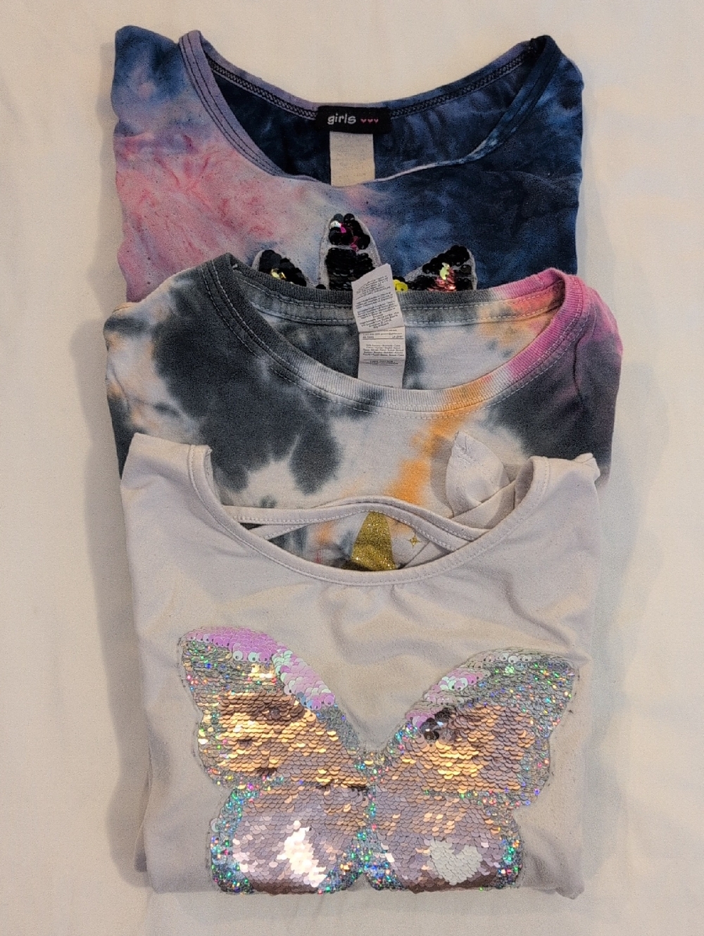 Girls Size 10/12 Clothing Bundle 3pc Unicorn Tie Dye Sequin Shirts Lot